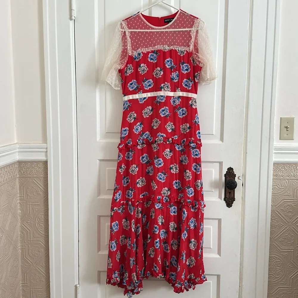 Sister Jane Red Maxi Midi Sundress Tiered Lace Sheer Ruffle Floral Dress - Picture 4 of 7